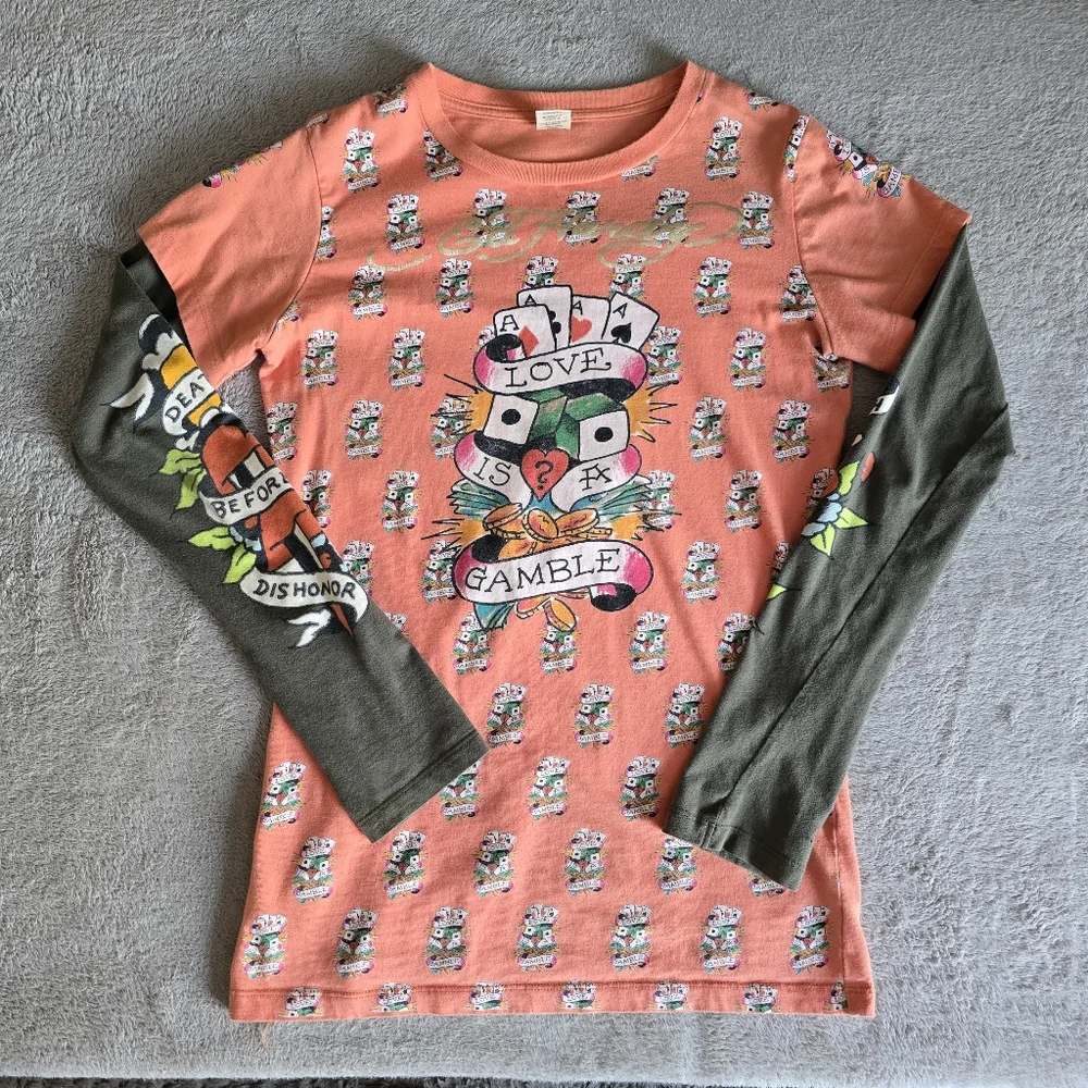 Ed Hardy Coral Pink and Olive Green Long Sleeve Layered Tee - Picture 3 of 14